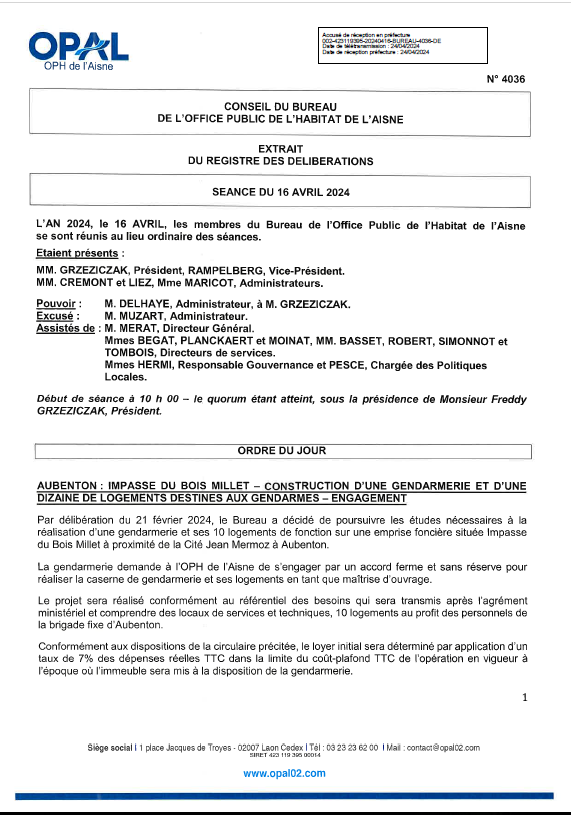N° 4036 - Aubenton - Constr. Gendarmerie - Engagement