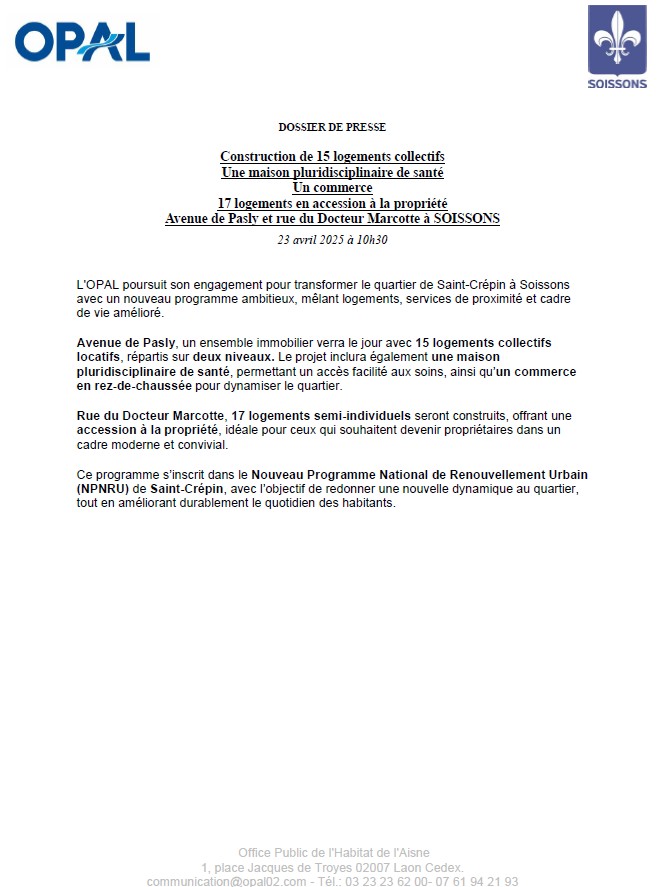 Dossier de presse de la pose de la première pierre rue du Docteur Marcotte à Soissons
