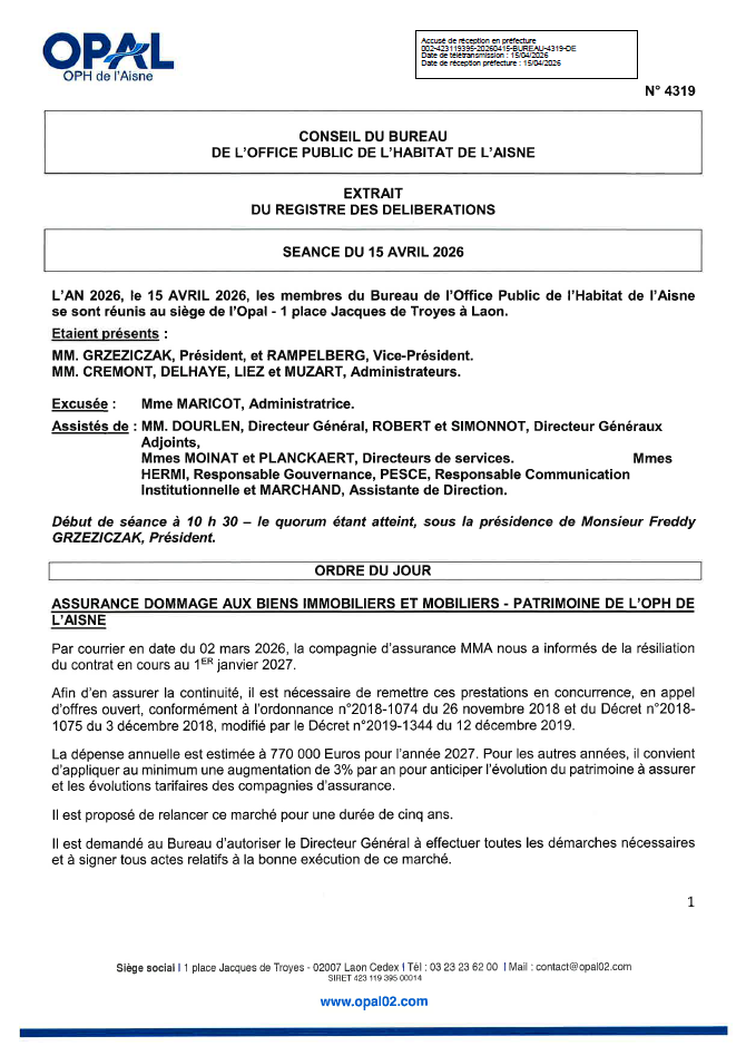 N. 4319 - ASSURANCE DOMMAGE AUX BIENS IMMOBILIERS ET MOBILIERS PATRIMOINE DE L'OPH DE L'AISNE