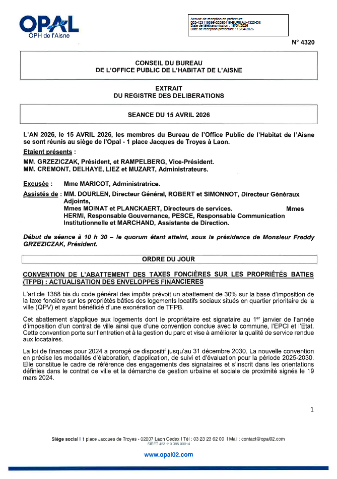 N. 4320 - CONVENTION DE L'ABATTEMENT DES TAXES FONCIÈRES SUR LES PROPRIÉTÉS BATIES (TFPB) ACTUALISATION DES ENVELOPPES FINANCIERES