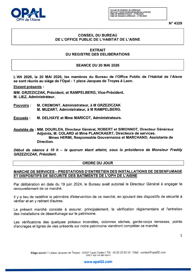 N. 4329 - MARCHE DE SERVICES - PRESTAT ENTRET INSTALLATIONS DE DESENFUMAGE ET DISPOSITIFS DE SECU DES BTS DE l'OPH DE l'AISNE